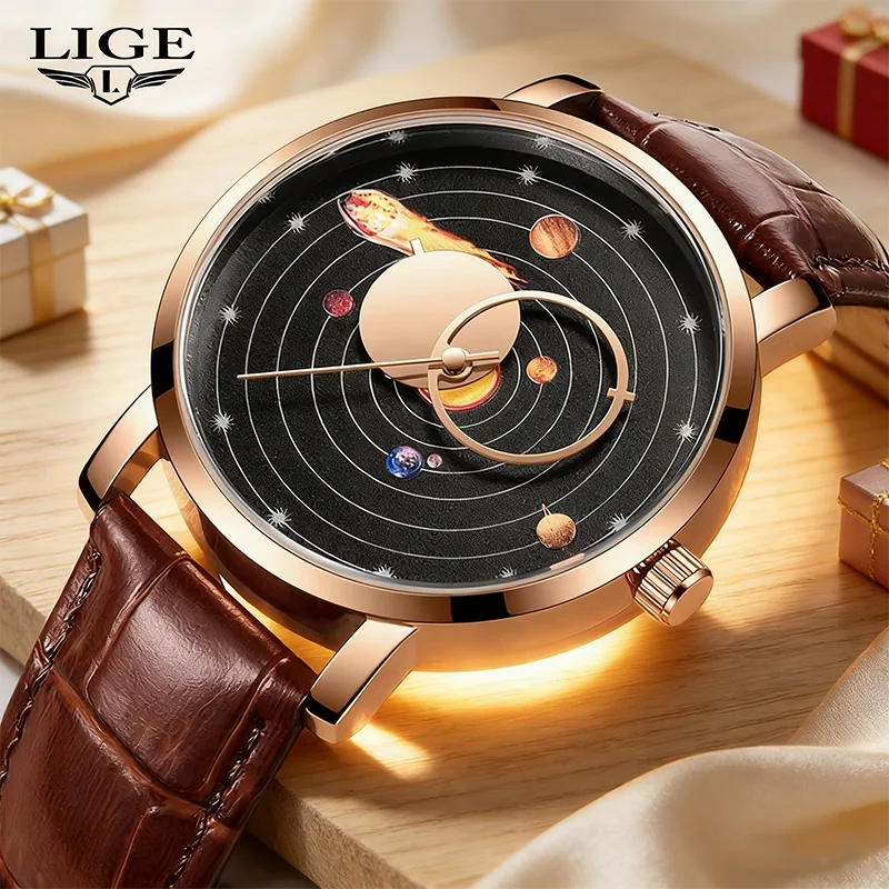 

Новые мужские люксовые часы LIGE 2026: повседневные модные кварцевые часы для подарков, с дышащим кожаным ремешком, водонепроницаемые, светящиеся в темноте наручные часы