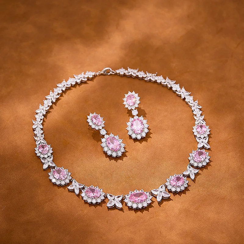 Designer Collection Style Stud Earrings Necklace Women Lady Inlay Yellow Pink Oval Cubic Zircon Diamond Dinner Party Jewelry Set