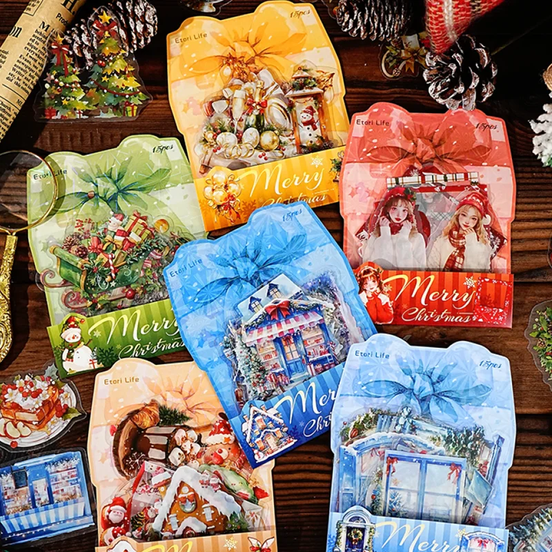 Mr.Paper 15 Stück Weihnachtsnacht PET-Aufkleber für Tagebuch, Scrapbooking, DIY-Telefonhülle, Albumrahmen, Dekoration, wasserfester Vinyl-Aufkleber