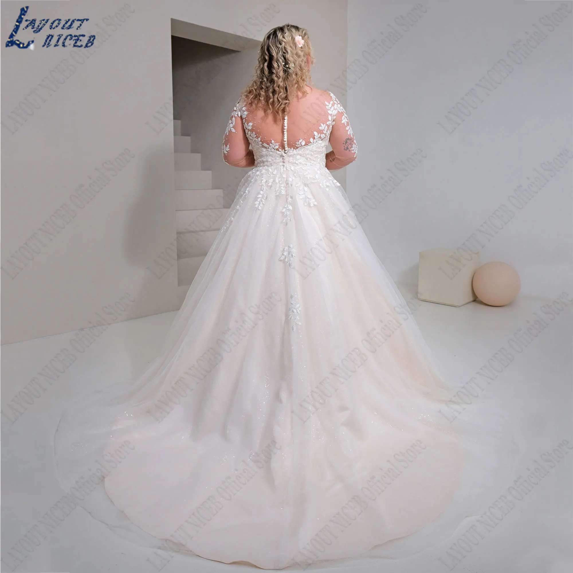 LAYOUT NICEB Scoop Neck Tulle Bride Dresses A-Line Plus Size Wedding Gowns Long Sleeves Backless Back Buttons свадебное платье