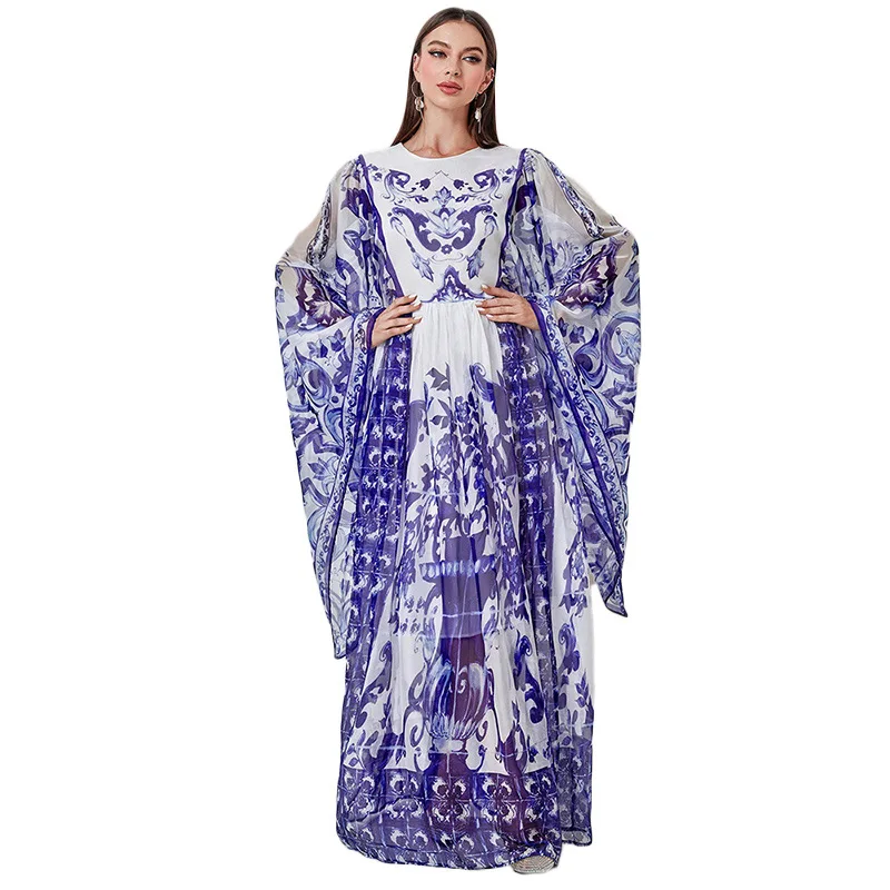 Bohemian ethnic retro dress, crew neck horn long-sleeved printed chiffon bridesmaid dress, new high-end simple temperament class