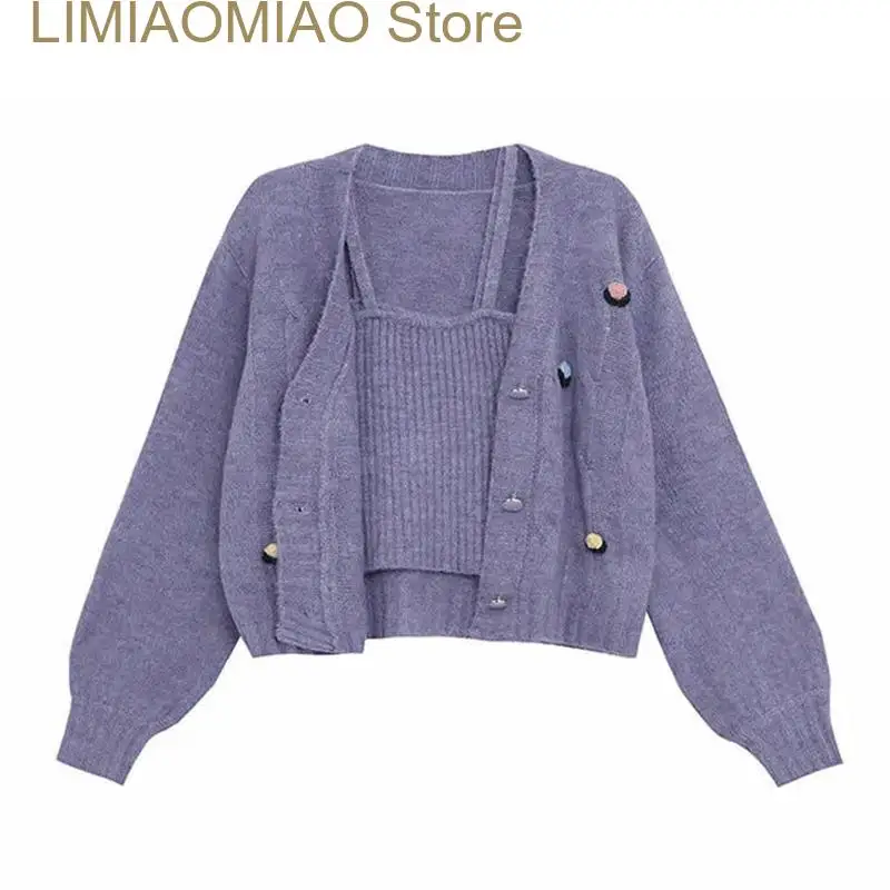 New Purple Appliques Soft Acrylic Knitted Sweater Cardigan Chic Fashion Short Jacket Coat Cardigan Vest Two Piece Set