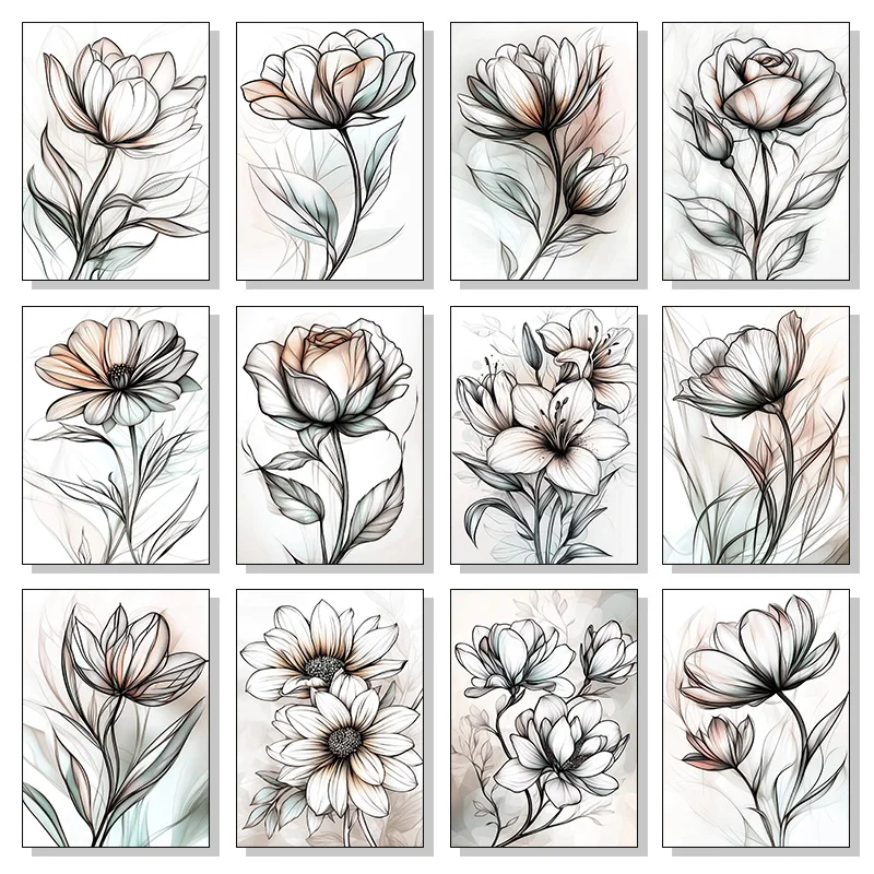 Boho Flowers Art Poster Sketch Watercolo Floral Magnolia Botanical Rose Prints Canvas Painting Wall Art Picture Home Room Dec