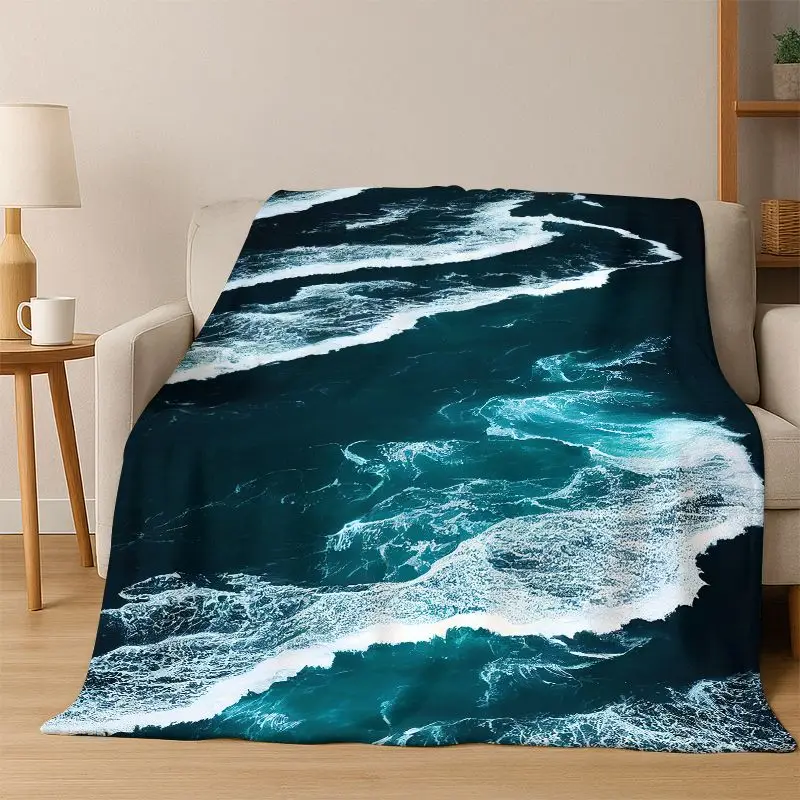 Blue Sea Waves Scenery Flannel Blanket Soft Warm Throw Blanket for Bedroom Living Room Bed Travel Camping Picnic Gift