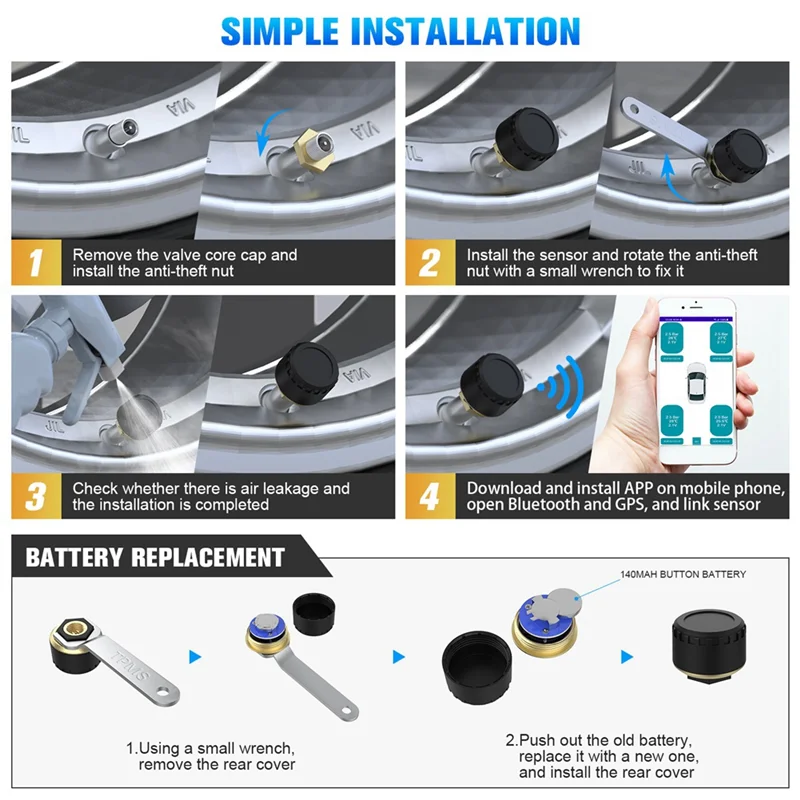 Car TPMS Tire Pressure Monitoring System Mobile Phone Display Plastic+Metal Car Tyre Pressure Sensor For LOS Android