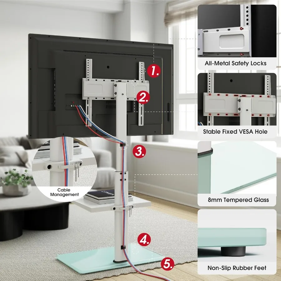 حامل تلفزيون أرضي لتلفزيونات 3265 مع وظيفة دوارة وإمالة 60 درجة، ارتفاع 8 مستويات قابل للتعديل، حامل تلفزيون طويل القامة مثالي لـ L