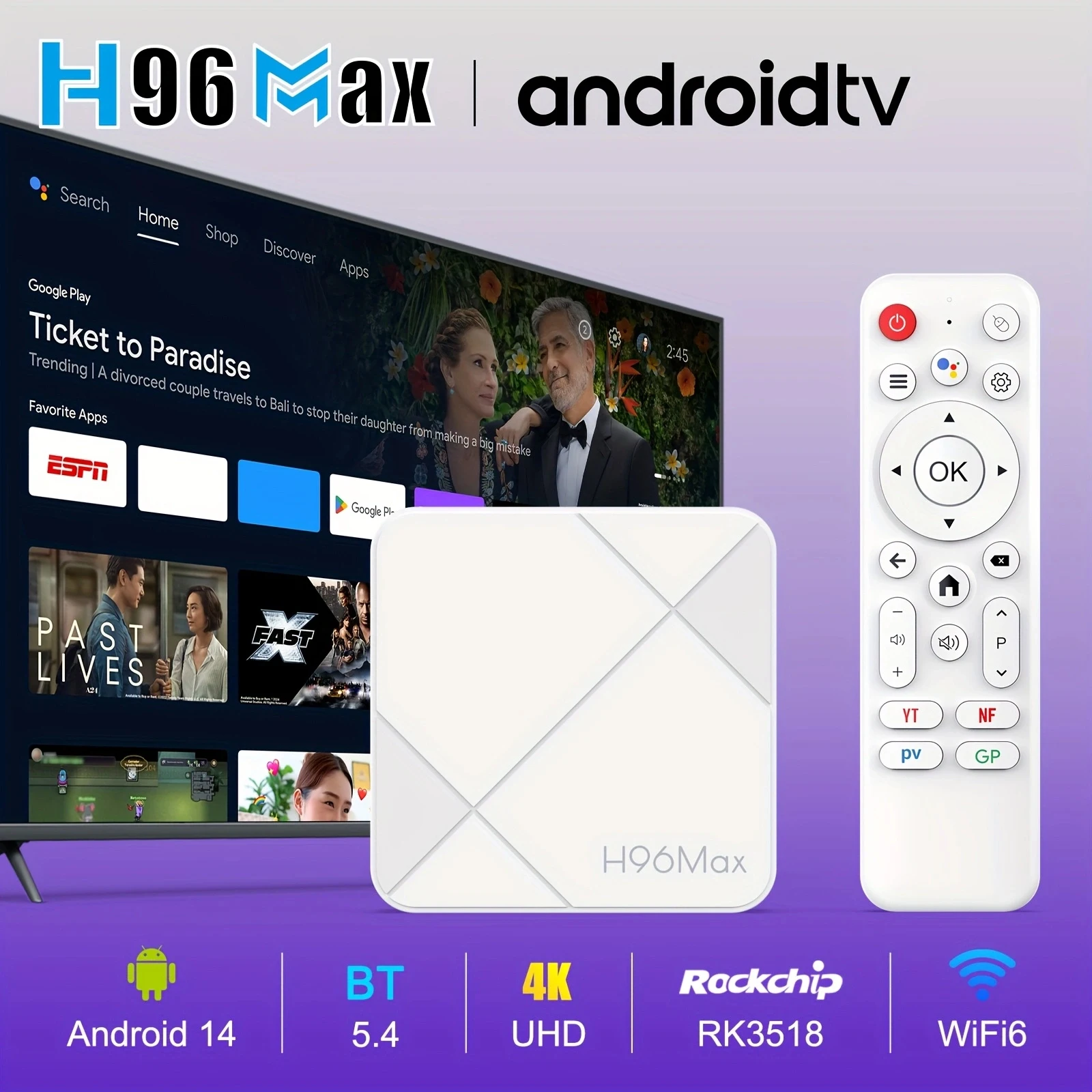 H96 MAX RK3518 Smart TV Box 4K Android 14.0 Rockchip 3518 رباعي النواة Wifi6 BT5.4 Google Voice Assistant Set Top Box