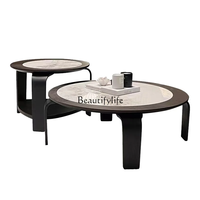 

Nordic solid wood rock slab coffee table wabi sabi wind medieval smoke color round combination coffee table