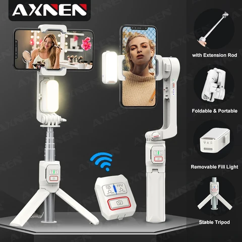 AXNEN A10 Gimbal portátil Smartphone Estabilizador com haste de extensão de luz de preenchimento Bastão de selfie remoto para celular para iPhone Samsung