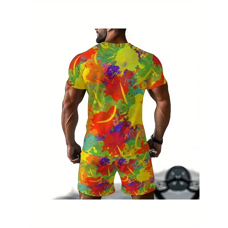 2025 Trendy 3D Printed T-shirt Shorts Casual Daily Sports Polyester Fiber Round Neck Short Sleeved Set Fashionable Men