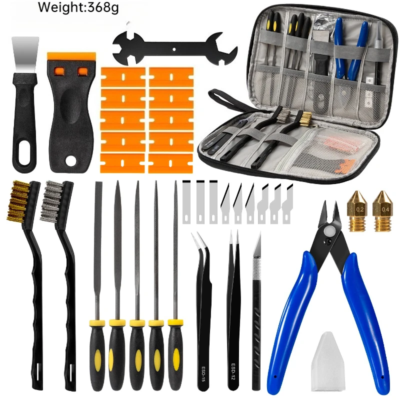 3D Printing Tool Set, 46-Piece Zipper Pouch: Scissors, Pliers, Engraving Knives, Tweezers, Cleaning Needles, Nozzles，Scrapers