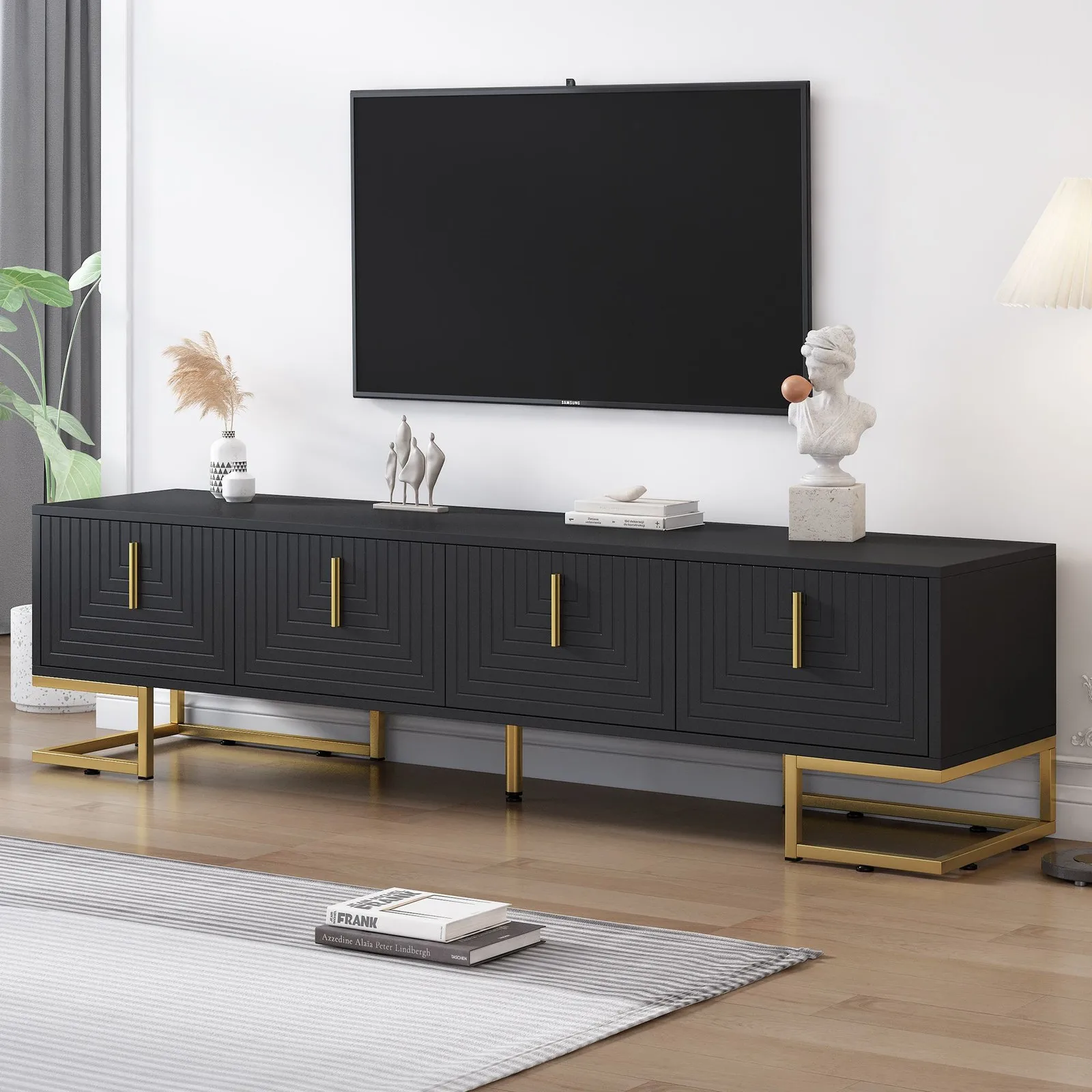 

TV Stand with Metal Legs and Handles for TVs Up to 80", Black+Gold