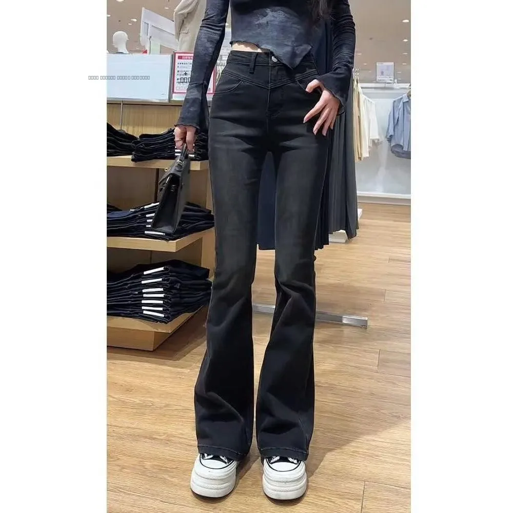 

Retro Bla Faded High Waist Women's Jeans Spring Autumn Slim Fit Elastic Micro Flared Floor Length Trendy Ladies Pants