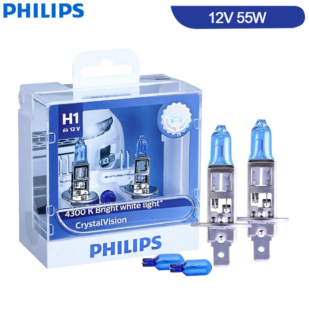 

Philips Crystal Vision H1 12V 55W P14.5s 4300K Bright White Car Halogen Head Lamp Fog Light Bulbs 12258CVSM (Twin Pack)