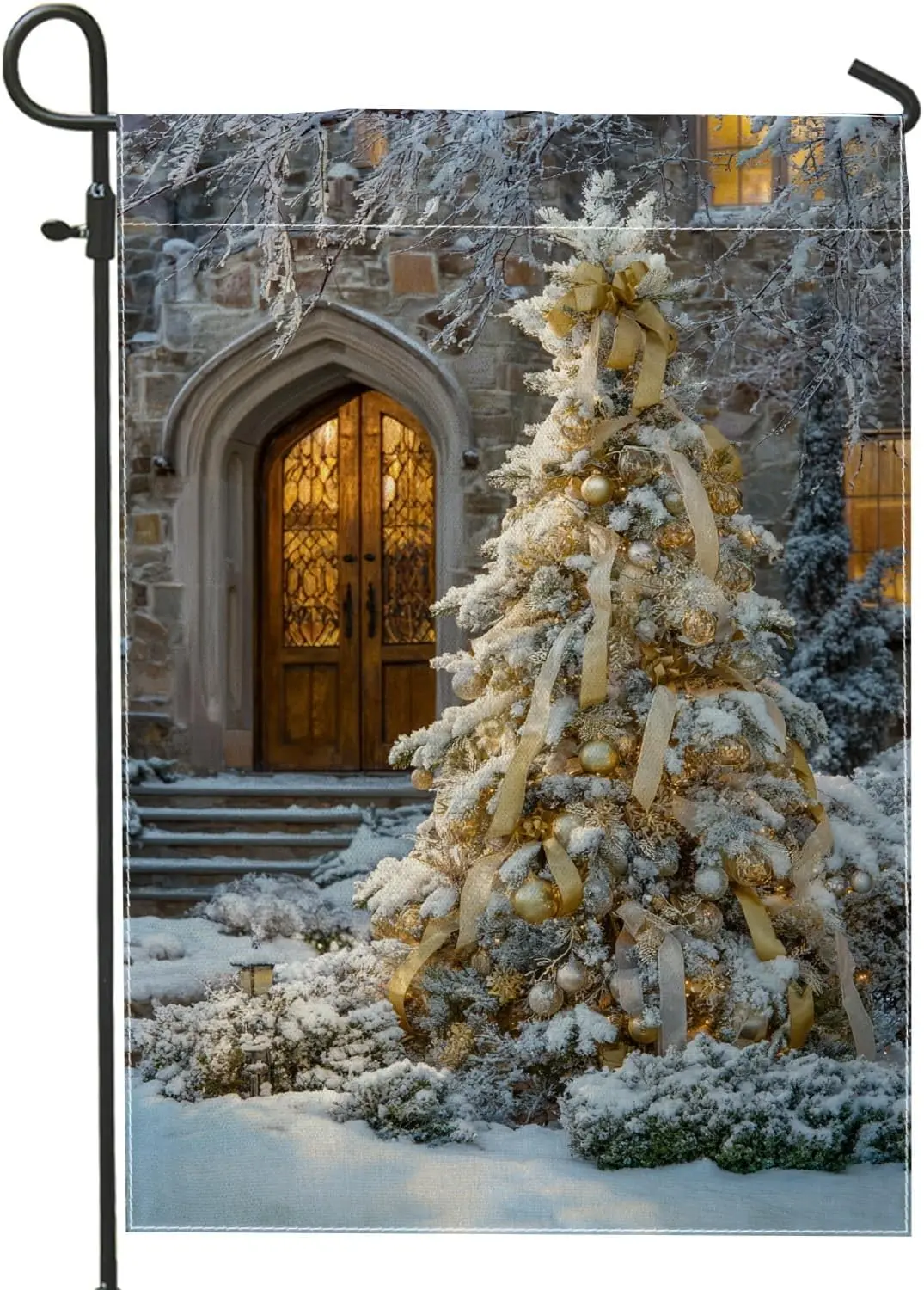 Winter Holiday Decor Garden Flag, Elegant Gold Christmas Tree Outdoor Banner, Double Sided Burlap Lawn Flag Seasonal Home De PPZ