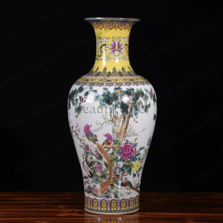 Antique Chinese Style Gold-Embossed Pink Peony Large Floor Vase Living Room Decoration