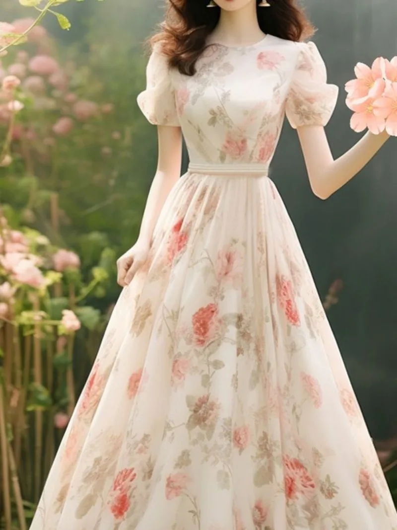 새로운 고급스러운 파티 드레스 여성 슬림 웨이스트 반팔 O넥 플로럴 A라인 패션 롱 드레스 오피스룩 베스티도스