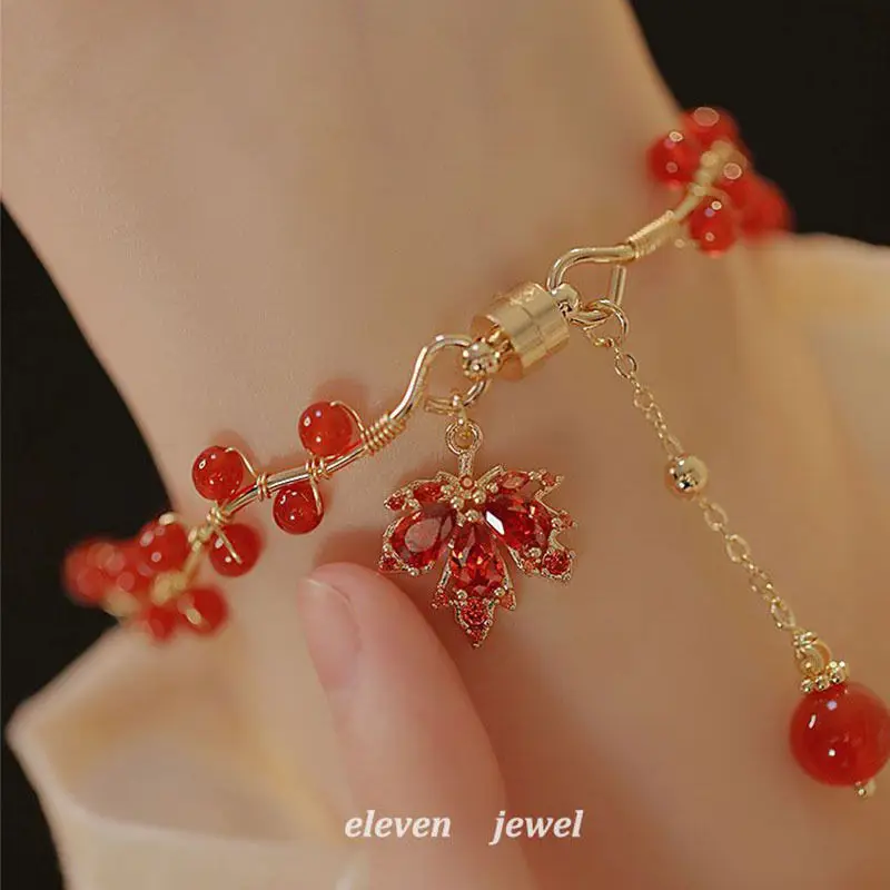 Anime Game Impact Kaedehara Kazuha Love Knot Maple Leaf Red Theme Bead Bracelet Handmade Elastic Rope Women Birthday Jewelry