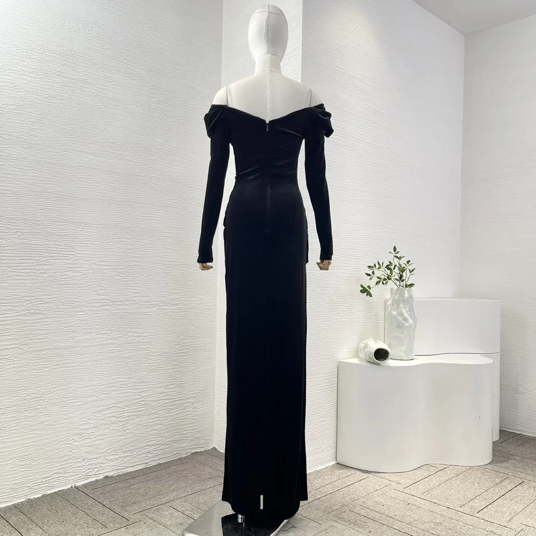 Black Vintage Good Quality 2024 New Off The Shoulder Long Sleeve Beading Velvet Women Maxi Dress for Party