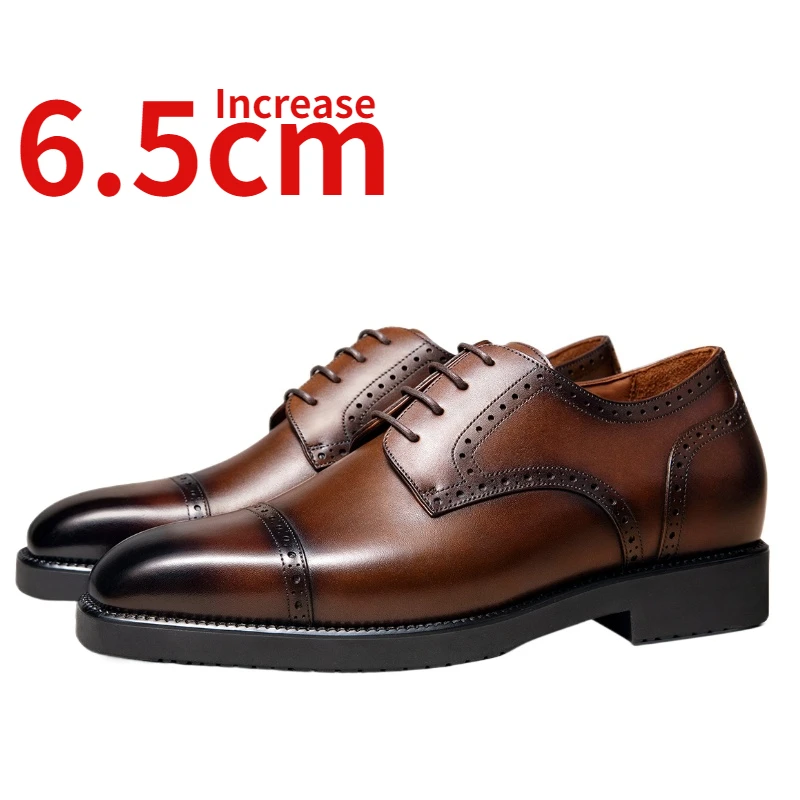 Height Increased of About 6.5cm Men's Dress Shoes Brock Carved Wedding Leather Shoes Genuine Leather Brown Elevated Derby Shoes