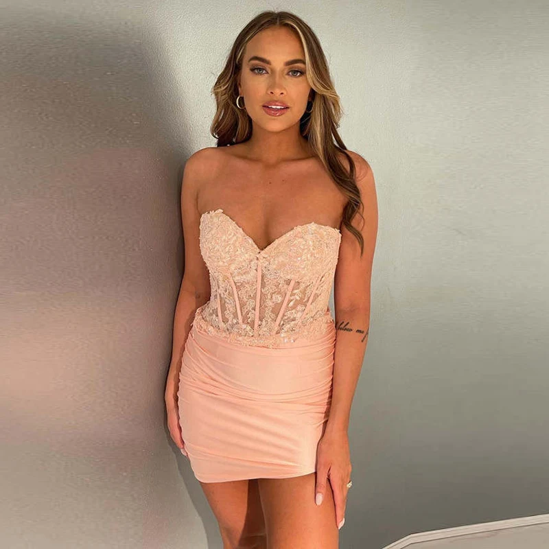 Red lace short cocktail party strapless dress sexy transparent slim girl birthday party ball hip dress