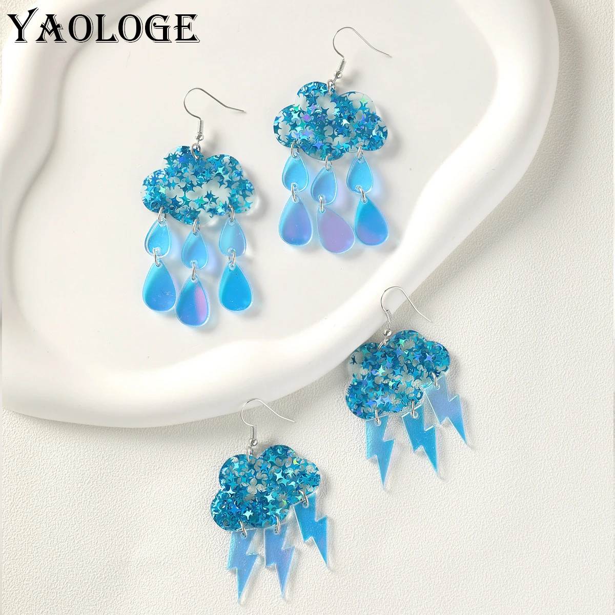 YAOLOGE Exaggerated Fun Sequin Star Clouds Water Droplets Lightning Earring Mood Weather Women\'s Acrylic Material Eardrop