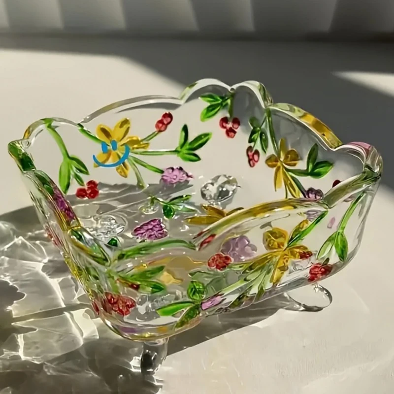 Hand Drawn Colored Glass Multi-Function Jar - Grape Carving, Square Retro Candy Jar, Ashtray, Relief Storage Jar, Jewelry Box