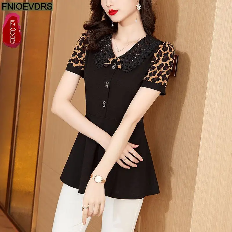 M-5XL Fashion Shirt 2024 Women Summer Elegant Office Lady Casual Button Shirts Retro Vintage Black Leopard Peplum Tops Blouses