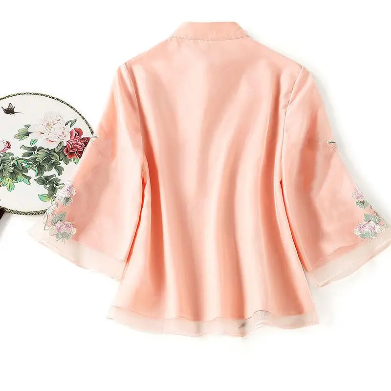 Spring Summer New Solid Color Fashion Three Quarter Shirt Women High Street Casual Vintage Button Embroidered Patchwork Pullover