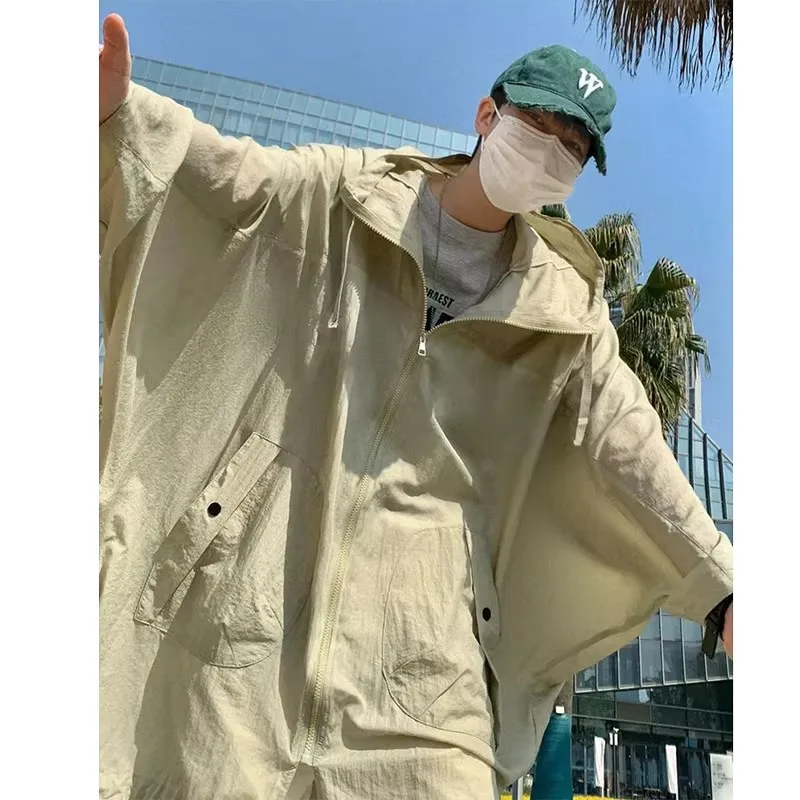 

Oversize Batwing Sleeve UV Protection Jacket Men's Summer Casual Style Polyester Fiber Coat with Hood for Daily Wear
