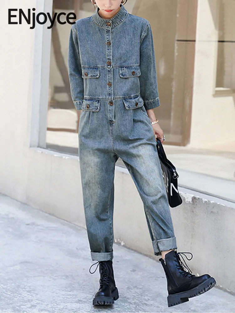 Mulheres Vintage Solto Denim Macacões Y2K Streetwear 2024 Primavera Outono Senhoras Macacões Stand Collar Carga Jeans Playsuit Bodysuits, macacao jeans