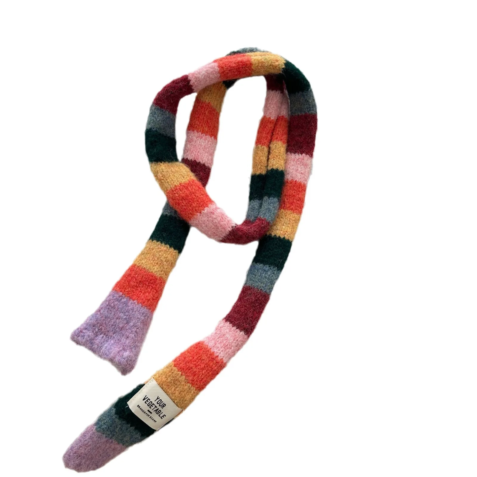 Korean Y2K Striped Scarf Knitted Wool with Colorful Splicing Contrast Long Narrow Scarves Sausage Thin Scarf Winter Scarves Wrap image 5