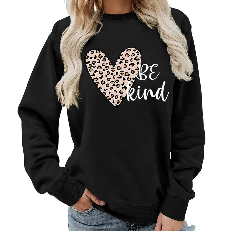 

Женская ветровка с леопардовым принтом и сердцем Be Kind, женская ветровка с круглым вырезом, осенне-зимняя теплая повседневная толстовка
