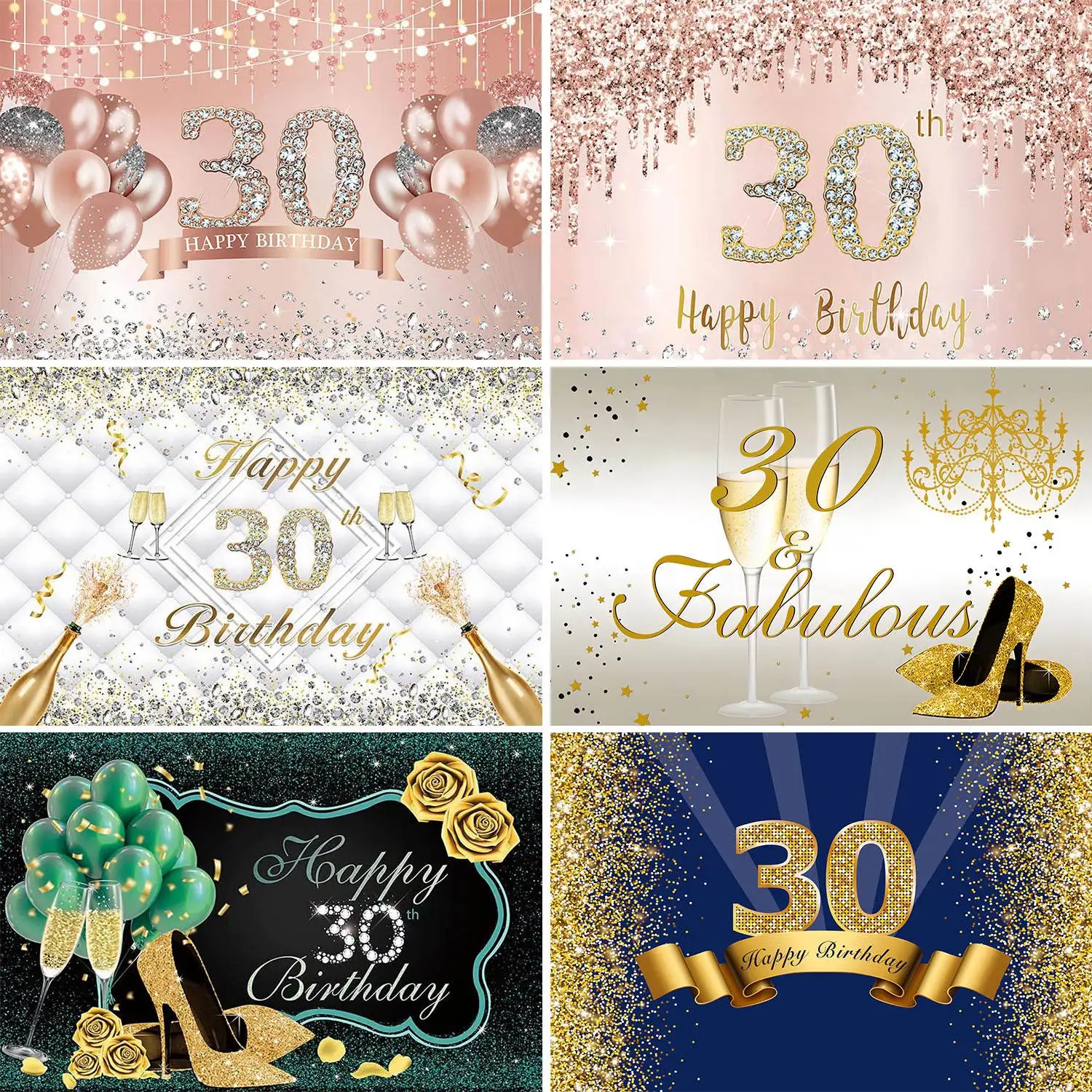 30th Birthday Party Decor Backdrop Banner Background for Women Men Thirty 30 Years Old Rose Gold Black White Silver Blue Red