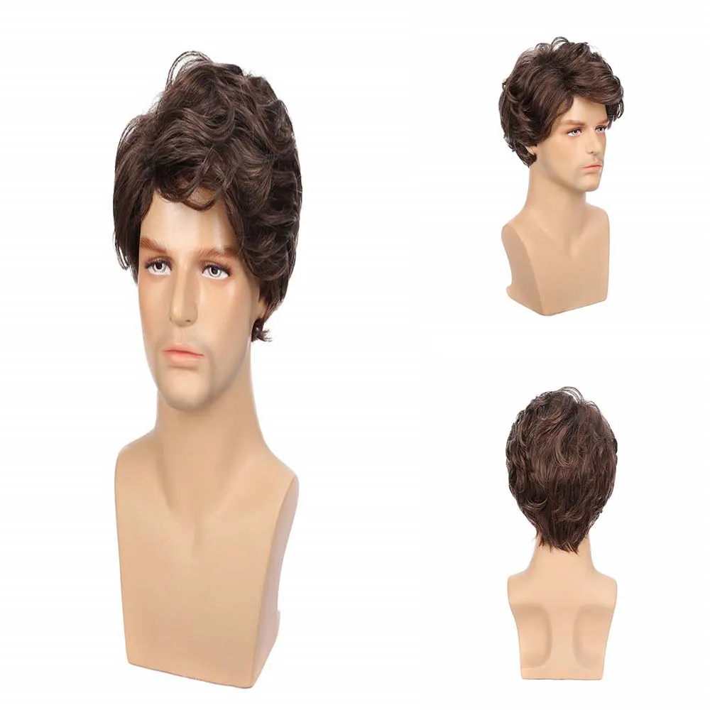 Mens Brown Short Wavy Synthetic Wig Shaggy Style Layered Cosplay Daily Male Wig Heat Resistant Fiber