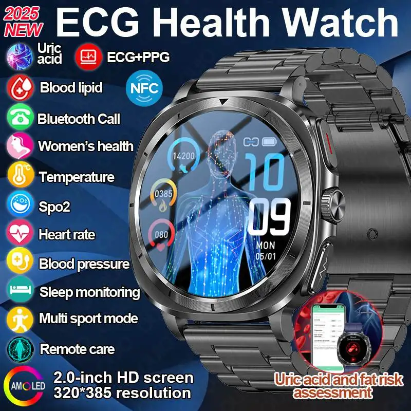 

2025 New NFC Smart Watch ECG+PPG Health Monitor Uric Acid Blood Pressure Blood Oxygen Body Analysis Smartwatch Clock Men Lady