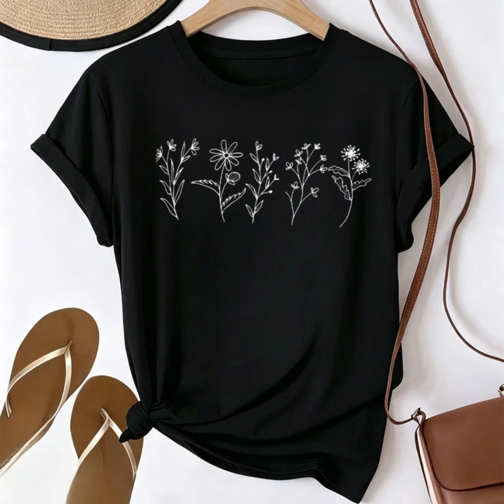 Minimalist Sketch Wildflower Graphic T Shirt Hand Drawn Line Art Floral Print Casual Short Sleeve Tee Botanical Plant Daisy Wild