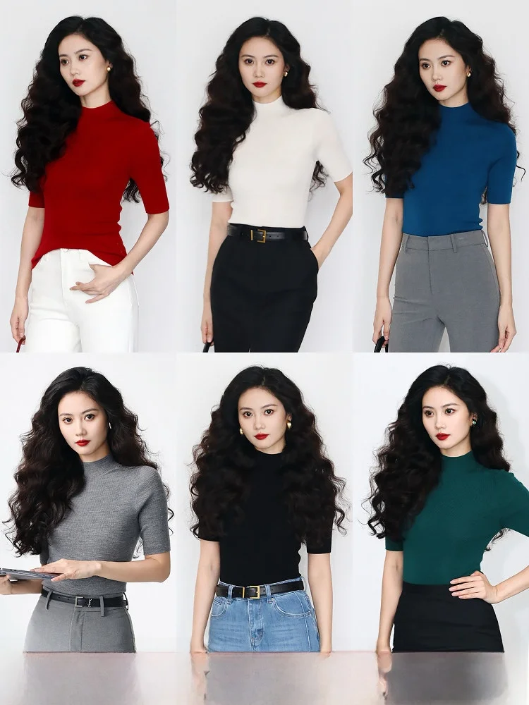 

Женская трикотажная футболка TAIYANG OFFICE с высоким воротником, полностью шерстяная, машинная стирка, летняя, повседневная, приталенная, без рукавов