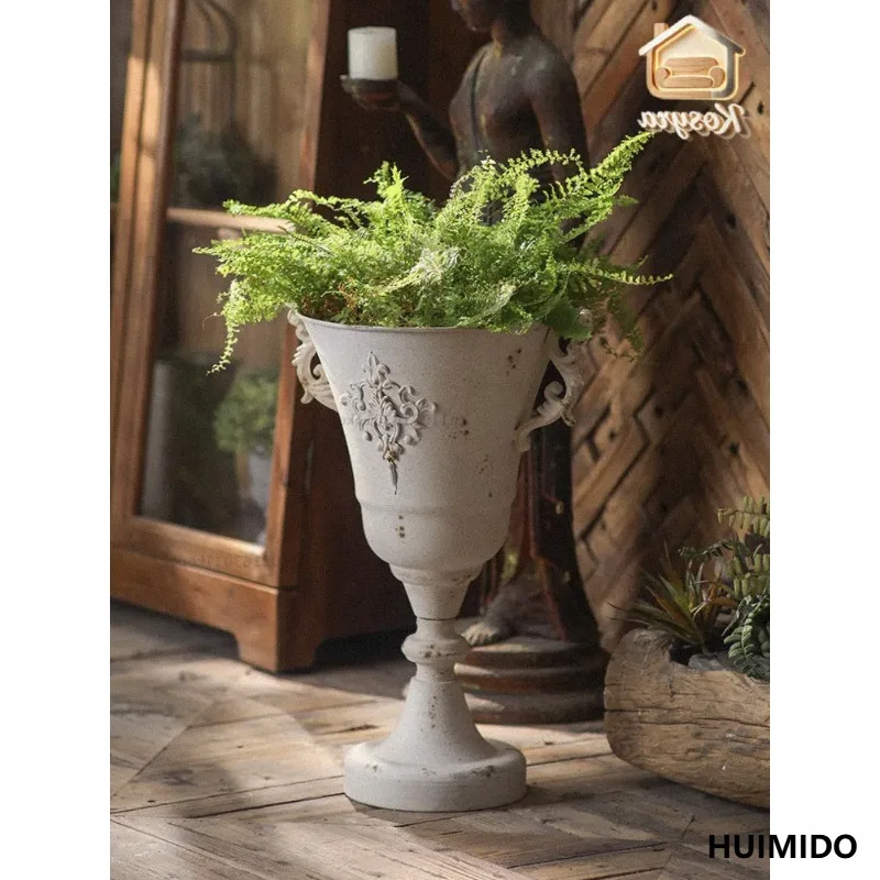 French vintage vases, large opening double-handled decorative floral vessels for florists, florist art iron pots