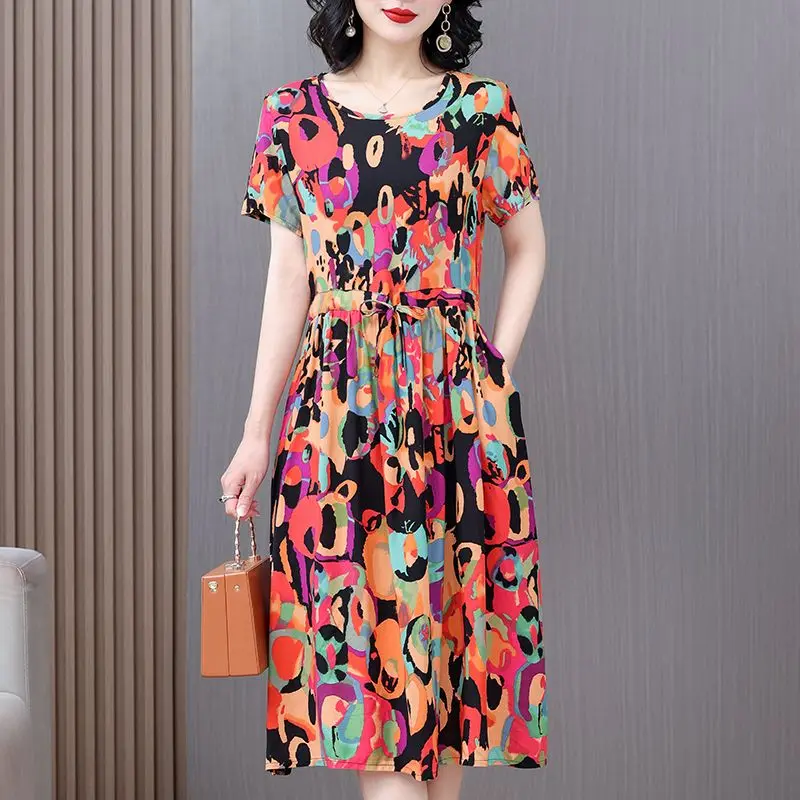 

Cotton Silk Summer Women's Clothing Round Neck Multi-element Printing Pleated A-line Skirt Lacing Loose Pockets Midi Dresses