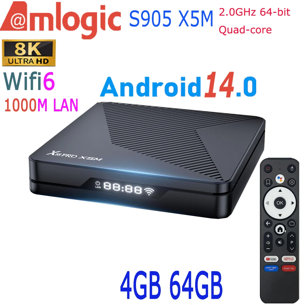 X88 PRO Amlogic S905 X5M Android 14.0 четырехъядерный 8K видео голосовой помощник AI SR 1000M LAN Wi-Fi6 BT5.0 Smart TV Box