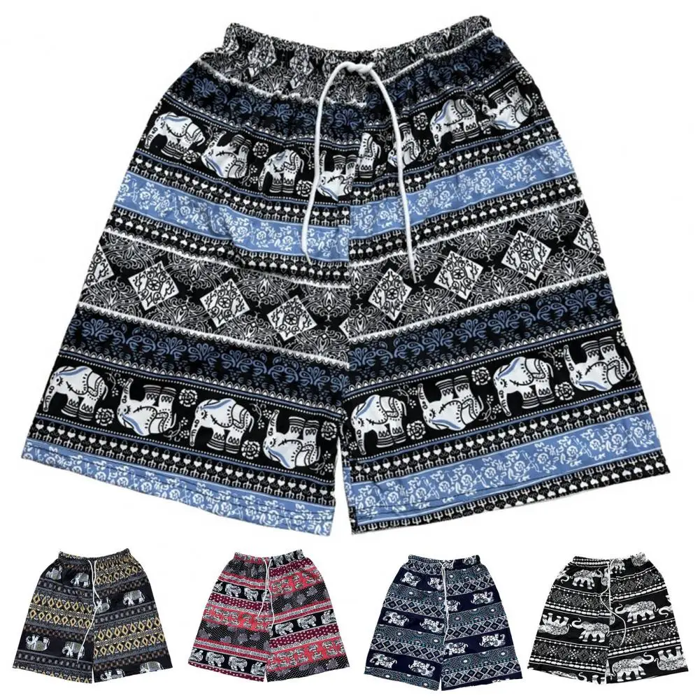 Women Casual Beach Shorts Drawstring Elastic Waist Shorts Thai-Inspired Elephant Print Wide Leg Summer Shorts