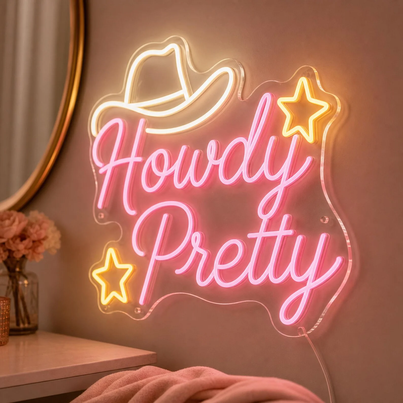 Howdy Pretty Pink Western LED Decor For Bedroom,Boutique Fitting Room,Custom Cowgirl Neon Sign,Cowboy Hat Wall Art,Cowgirl Gift