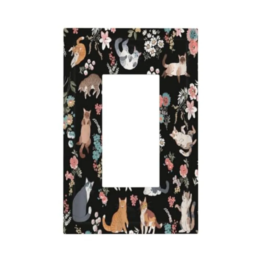 Funny Multi Kitty and Floral Plants Cute Cheshire Cat Single Light Switch Cover Outlet Cover Decorative Gfci Electrical Wallpla