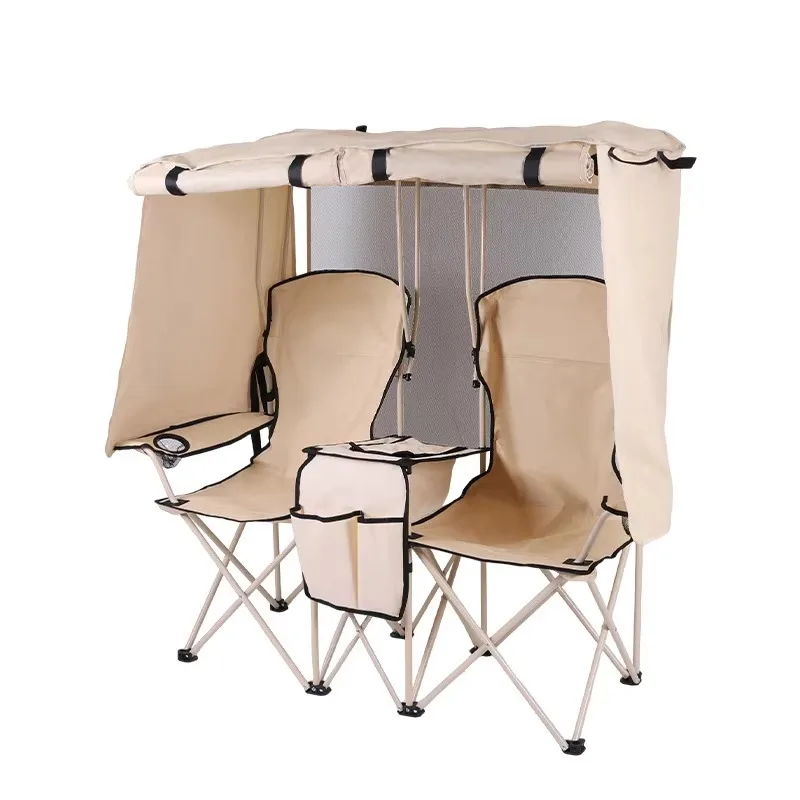 

Double Foldable Camping Chair with Umbrella Double Beach Garden Chair Fishing Outdoor Steel Frame 120 kg Capacity