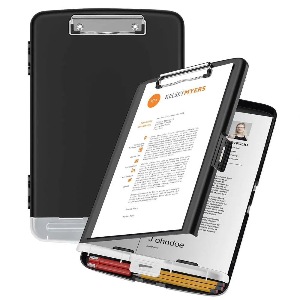 

1 piece of writing clipboard with storage function, plastic document storage box with independent pen slot for easy carrying.