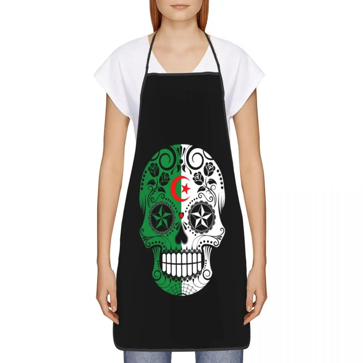 Sugar Skull With Roses And Flag Of Algeria Bib Aprons Women Men Kitchen Chef Mexican Calavera Tablier Cuisine for Cooking Baking