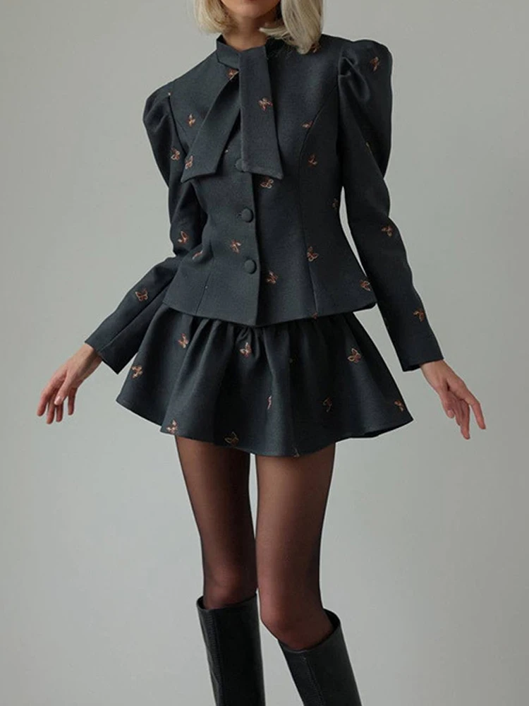 

Elegant Pattern Print Mini Skirt 2Pc Suit Fashion Bow Lace-Up Tops with Short Skirt Outfits 2026 Casual Long Sleeve Women's Sets