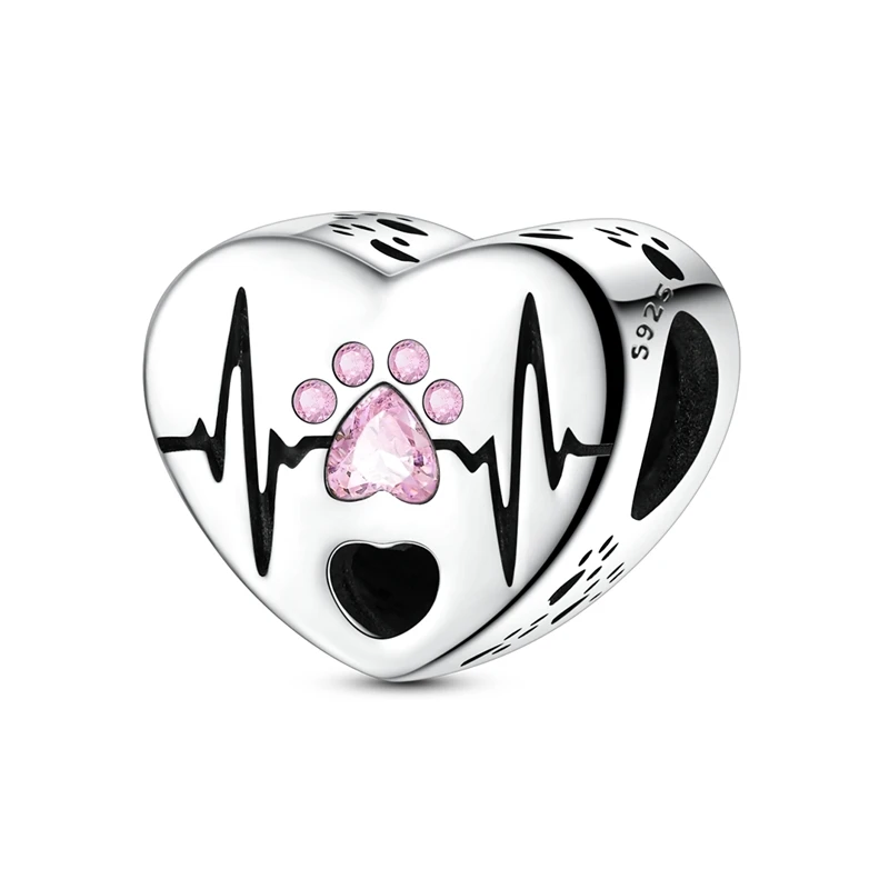 

925 Sterling Silver Heartbeat Paw Print Charms Bead Sparkling CZ Zircon Dangle Fit Original Bracelet DIY Jewelry