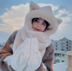 Cat Hat Imitation Fur Winter Women's Fashion Foreign Trade Cross-border Warm Autumn Plush Hat Scarf Glove Integration Beige